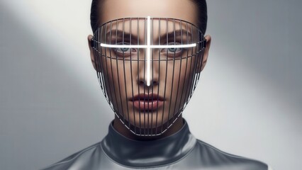 A striking model wears a modern and artistic facial mask that creates an intriguing blend of fashion and technology in a dramatic lighting setup