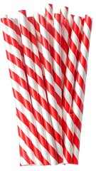 Bundle of paper straws in red and white stripes against a white background