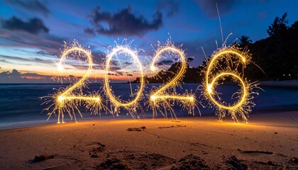 Sparkling 2026 New Year Celebration on a Beach at Dusk.