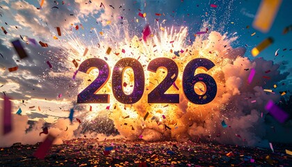 Spectacular 2026 New Year Celebration with Fireworks and Confetti.
