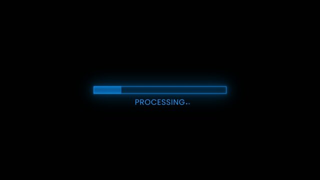 Glowing blue neon progress bar with the word PROCESING in the center against a dark black background indicating data loading or Generate title without using the word "Title:" before it
