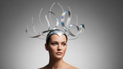 A stunning woman showcasing an artistic metallic headpiece designed with elegant spirals that create a captivating visual effect against a soft gray background