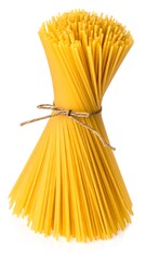 Bundled, uncooked spaghetti, tied with string, stands vertically on a reflective surface against a plain white backdrop