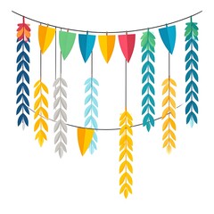 Bunting, pennants, and leaf sprigs hang, colorful shapes suspended along a thin string against a plain white backdrop