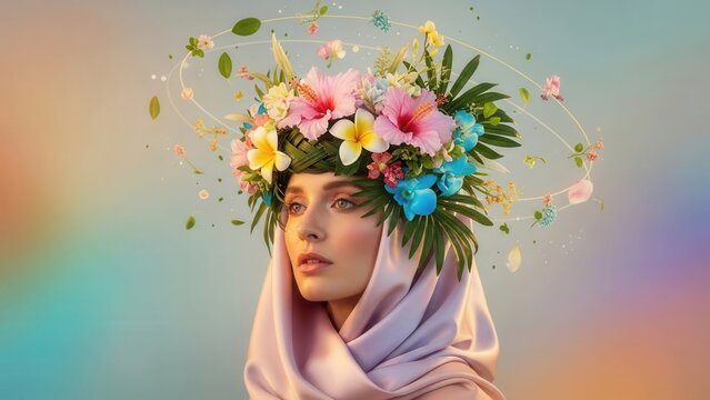 A beautiful young woman wearing a floral crown and a silk hijab softly gazes into the distance with a serene expression against a colorful background - Powered by Adobe