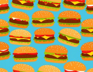 Burger bonanza on sky-blue Cartoon burgers with toppings pattern fills the frame in colorful, fast-food style