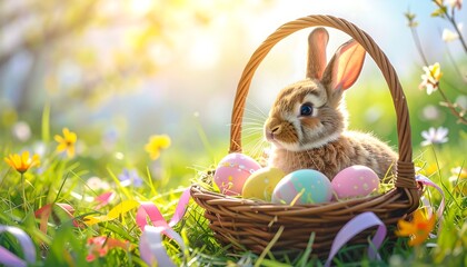 Bunny in basket surrounded by colorful Easter eggs and bright flowers in a sunlit, grassy field