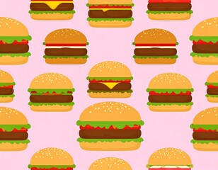 Burger repeat pattern. Toasted sesame seed buns cradle beef, cheese, lettuce, tomato. Pink background