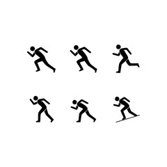 Obraz premium Set of stickman silhouette icons showing various human activities such as sitting, walking, working, workout, sprint, push and using stairs for safety and down