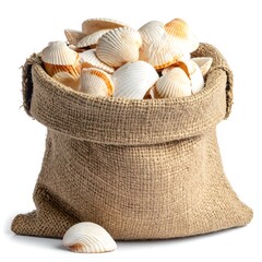 Burlap sack filled with numerous seashells, displaying varied cream and orange hues, isolated on a white background
