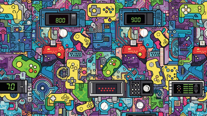 Colorful illustration of various video game controllers and arcade machines in a vibrant pixel art style composition