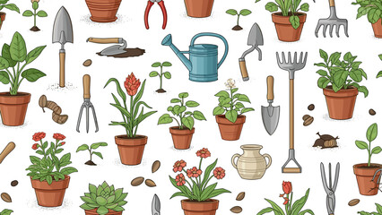 Colorful gardening tools and potted plants on with soil and stones