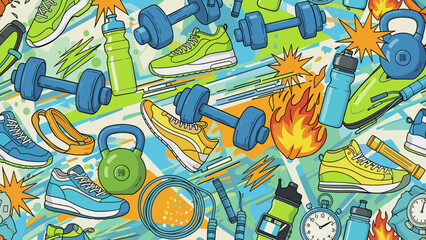 Vibrant illustration of fitness equipment and accessories in motion with flames