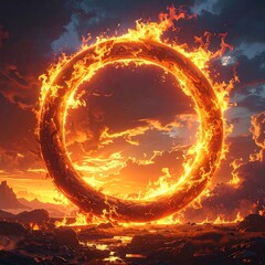 Burning ring on a rocky landscape. Dramatic sky with orange clouds. Mystical atmosphere