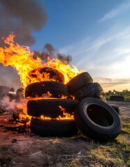 Burning tires stacked in a pile emit black smoke against a blue sky with hints of golden hour lighting