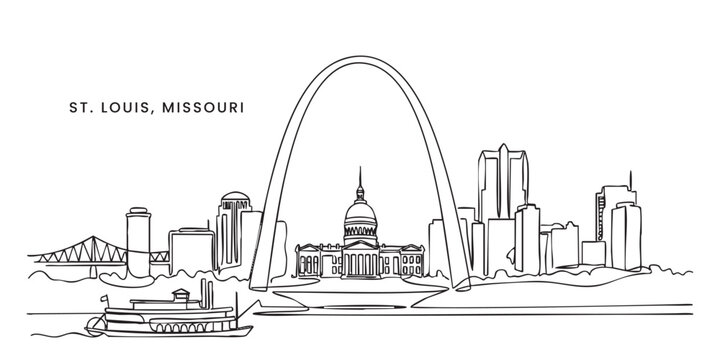 St. Louis, Missouri City Skyline Continuous One Line Drawing Illustration with Gateway Arch and Riverboat