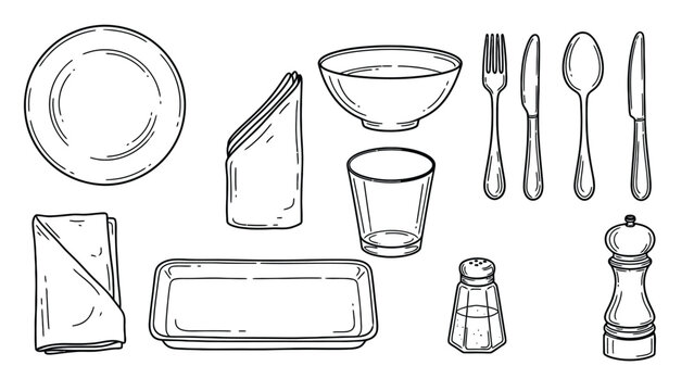 Hand drawn kitchen utensils and dinnerware set illustration.