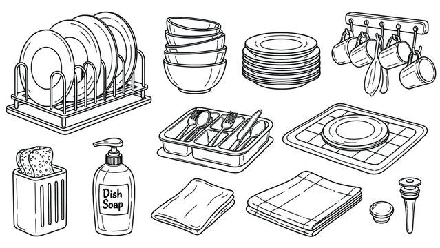Kitchen Utensils and Dishes Line Art Illustration.