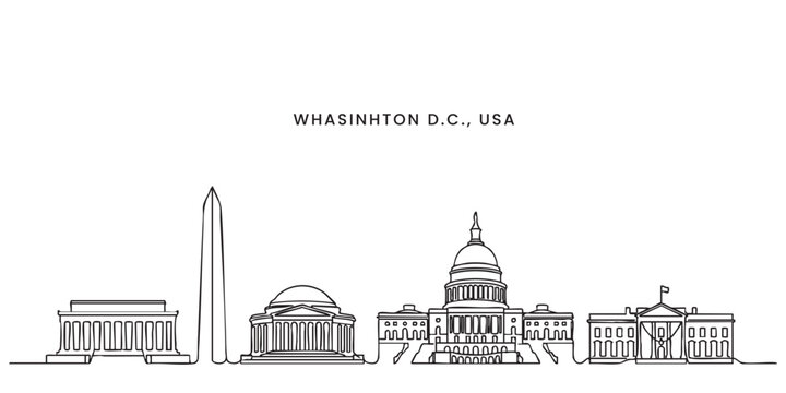 Washington D.C. Skyline Single Line Art with Iconic Monuments and Capitol