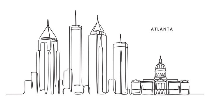 Atlanta Skyline Single Line Art with Skyscrapers and Capitol Building