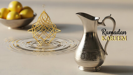Ramadan Kareem: Elegant golden Islamic art, silver pitcher, and lemons on a rippled surface