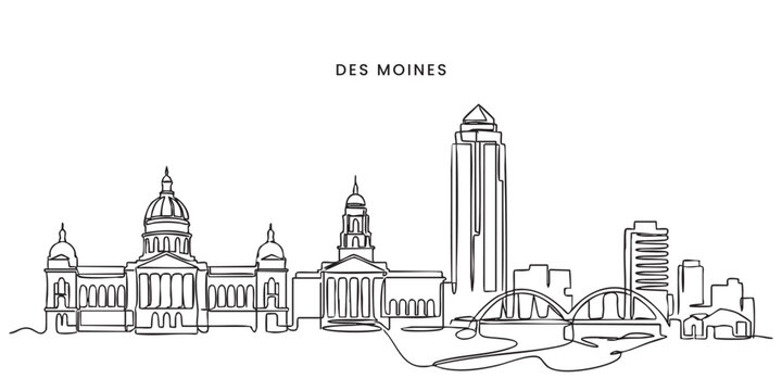 Des Moines, Iowa City Skyline Continuous Line Art with Capitol and Bridge
