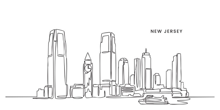 New Jersey City Skyline Continuous Line Art with Hudson River Waterfront