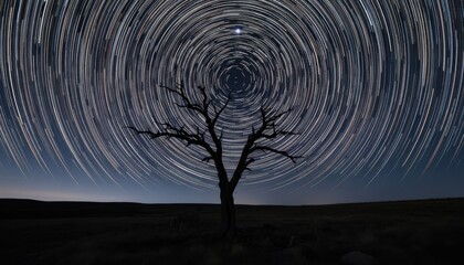 Star trails swirl over a stark, lonely tree in a long exposure night photograph.  Cosmic, celestial, dreamy, and ethereal landscape.