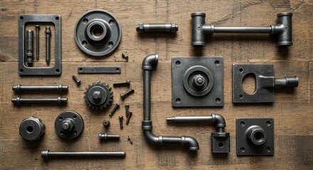 Assorted metal components on wooden background