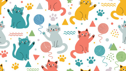 Obraz premium Colorful cats and toys seamless pattern with pastel shapes and paw prints