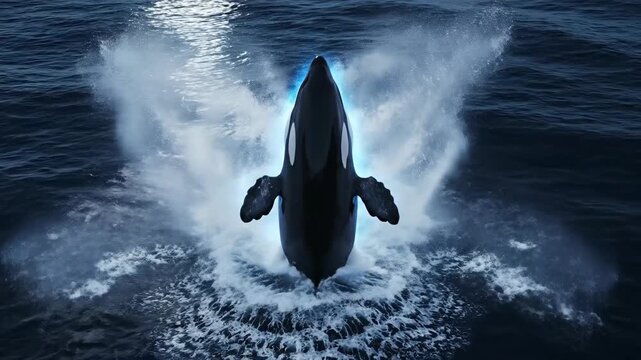 Orca whale breaching in deep blue ocean under sunlight with dramatic splash and motion