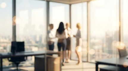 A blurred view of a modern office space featuring a group of people engaged in conversation near a large window overlooking a city