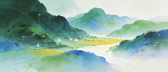 Digital Natural Landscape with Futuristic Technology Integration