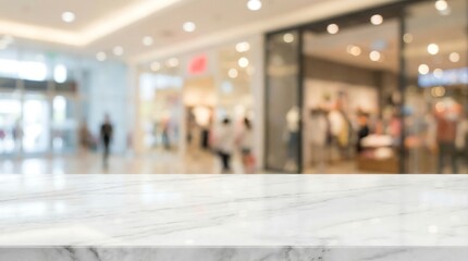 An abstract blurred view of a modern shopping mall interior with people a marble tabletop and warm lighting creates a commercial atmosphere