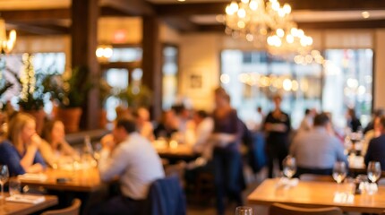 A softly focused view of a bustling restaurant interior shows people dining at wooden tables illuminated by warm lighting and elegant chandeliers above