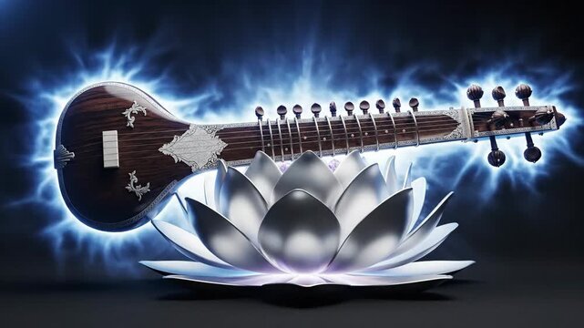 A mystical sitar rests on a silver lotus, glowing with blue electric energy, symbolizing saraswati for vasant panchami.