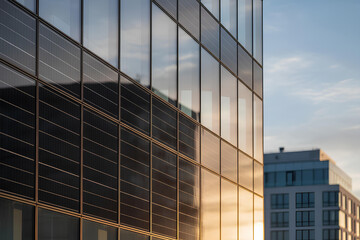 Building Integrated Photovoltaics (BIPV) on a Modern Office Facade at Sunset