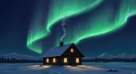 Aurora borealis over snowy cabin