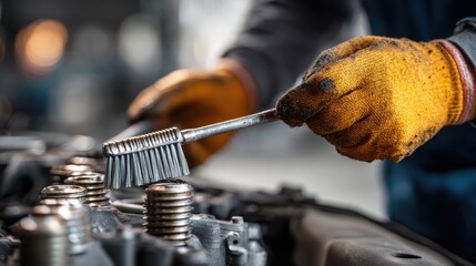 Home mechanic carefully scrubs spark plug deposits with wire brush in a welllit garage setting emphasizing handson maintenance for improved engine performance.