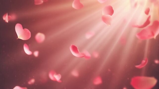 Pink flower petals falling gently in golden sunlight background, romantic spring background with floating rose petals in slow motion