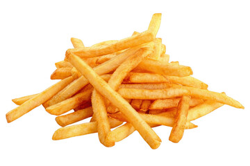 Generous serving of golden french fries isolated on a solid dark field