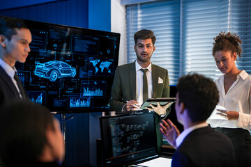 Industrial design team planning smart mobility transport. Professionals analyzing futuristic car prototype and engineering schematics on digital screens at night.