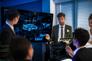 Automotive executives discussing electric car market strategy. Business leadership team analyzing vehicle sales data and future design trends in modern night office.