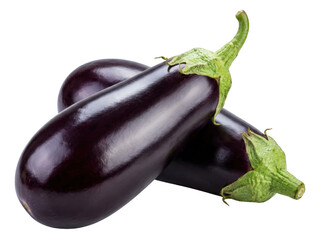 Two fresh, glossy purple eggplants with green stems in a studio setting