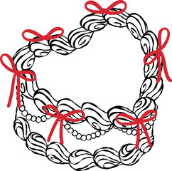 Coquette vintage heart shape cake outline red ribbon bows whimsical hand drawn doodle