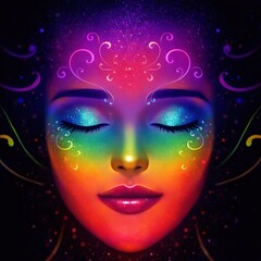 Mystical female face with rainbow colors and cosmic glow, surreal digital art representing inner energy, spirituality, balance and fantastic beauty.