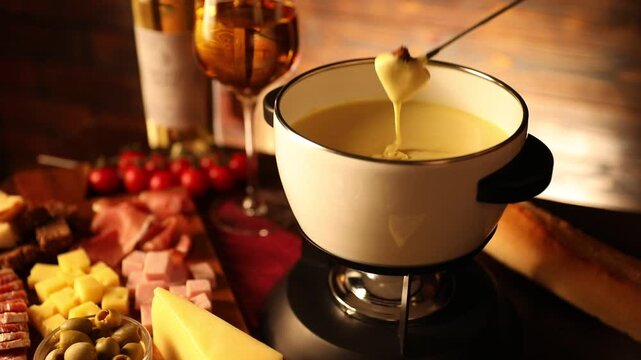 Woman dipping piece of bread into fondue pot (caquelon) with melted cheese at wooden table, closeup