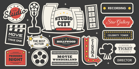 Fototapeta premium Retro Hollywood movie studio sticker set with film reel, studio city signs, movie awards and more. Vector illustration for cinema, studio production, entertainment, mid century Americana 1950s style