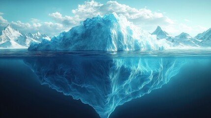 Large iceberg floating in cold ocean water with snowy mountains and cloudy sky in the background, showing detailed underwater ice formation and serene atmosphere