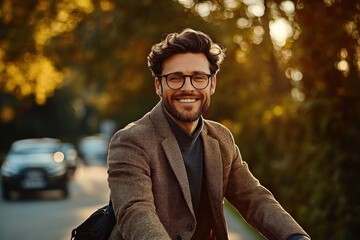 Smiling man wearing glasses and a brown blazer riding a bicycle in an outdoor setting with blurred cars and trees in the background during golden hour